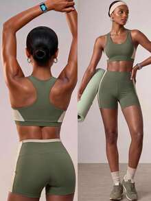 Zivah Women's Colorblock Cropped Top And High-Waist Shorts Gym Workout Fitness Pilates Set Olive Green All Season - Green - View 1