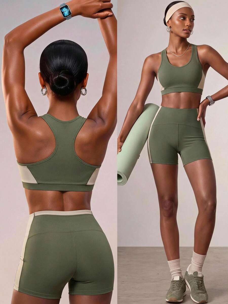 Zivah Women's Colorblock Cropped Top And High-Waist Shorts Gym Workout Fitness Pilates Set Olive Green All Season - Green - View 1