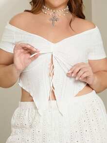 Lele Munniz Women Plus Size Textured Fabric Drawstring Front Solid Color T-Shirt For Summer - White - View 3