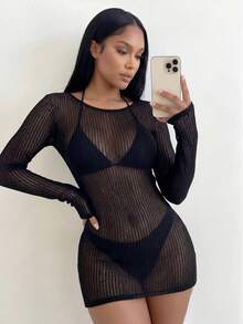 SHEIN Swim 女款長袖貼身鏤空網紗泳裝罩衫，黑色海灘度假穿搭 - 黑色 - 查看 4