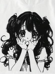 Tween Girls 休闲百搭日常涂鸦图案连帽短款卫衣 + 牛仔涂鸦宽松长裤套装 - 彩色 - 查看 8