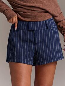 SHEIN BAE Autumn/Winter Casual Commute Striped Low Waist Shorts For Office And Daily Wear - Navy Blue - View 1