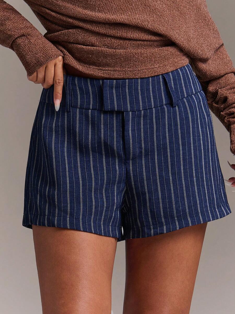 SHEIN BAE Autumn/Winter Casual Commute Striped Low Waist Shorts For Office And Daily Wear - Navy Blue - View 1