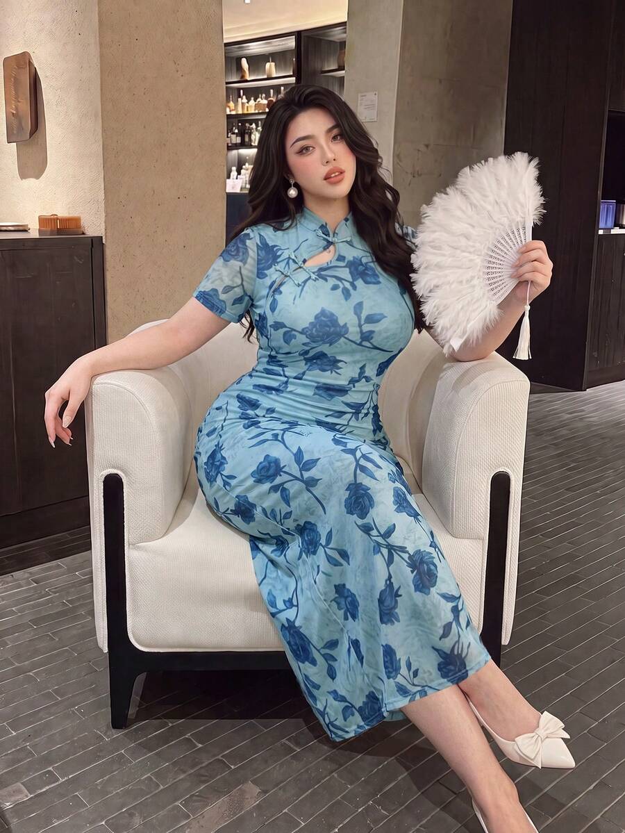 Vibekara Plus Size Sexy Cheongsam Collar Printed Dress - Multicolor - View 1