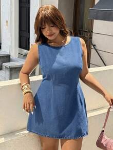 GalTyme Plus Size Fall Casual Kawaii Nice Loose Fit Sleeveless Denim Dress Brunch Going Out Beach Evening Birthday Light Blue - Medium Wash - View 6