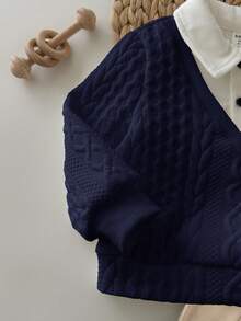 SHEIN 2件組嬰兒男孩/女孩秋冬休閒可愛2合1卡通圖案翻領衛衣與彈性腰黑色長褲套裝，適合秋冬外出、幼兒園 - 藏蓝色 - 查看 4