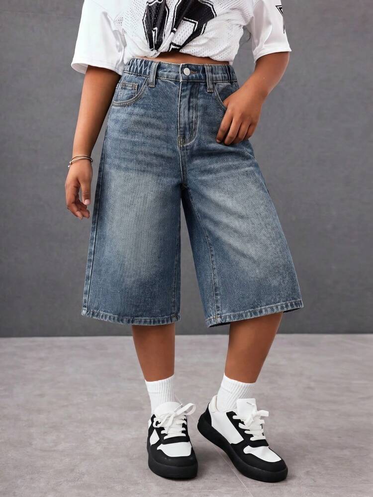 SHEIN Tween Girl Y2K Fashion Casual Versatile Streetwear Light Blue Retro Washed Denim Loose Baggy High Waist Bermuda Shorts Denim Baggy Long Short Wide Leg Jeans, Summer Beach Boho Vacation Shorts, Summer Concert Festival Casual Rave, Summer Brunch Church Graduation, Streetwear Back To School - Medium Wash - View 6