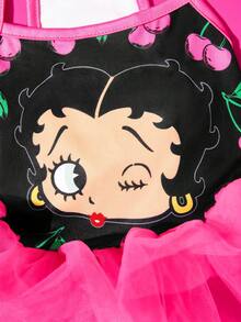 Betty Boop x SHEIN 1件可愛卡通角色圖案印花寵物斜肩蓬蓬裙，貓咪衣服，狗狗衣服，尺寸 XXS-XXXXL，特小號，特大號，薄紗裙，性感，俏皮，櫻桃 - 玫粉色 - 查看 2