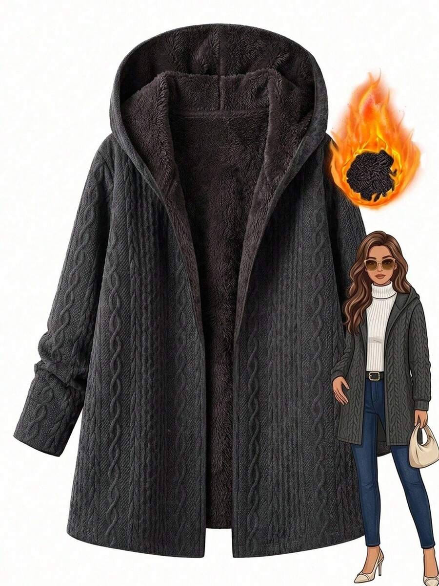 SHEIN Clasi 女款素色連帽保暖內裡休閒百搭日常長袖外套 - 灰色 - 查看 1