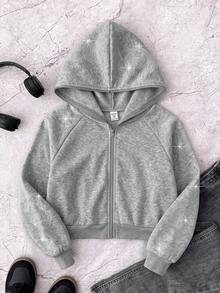 SHEIN 青少年女孩哥德風文字鑲鑽短版拉鍊連帽衛衣，秋冬長袖上衣，畢業穿搭，開學穿搭 - 灰色 - 查看 7