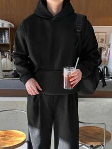 DAZY Black Ribbed Brushed Solid Color Loose Hooded Sweatshirt With Elastic Waist Long Pants Men's Hoodie Set Fall - Black - View 1