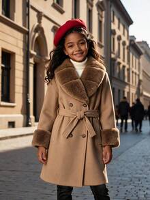 Tween Girl Long Sleeve Fleece Fall Clothes Fall Vintage Versatile Button Fur Trim Collar Overcoat, Holiday Outfits - Brown - View 4