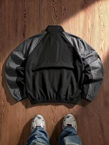 SWAVVY Men's Autumn Casual Colorblock Patchwork Jacket - Black - View 2