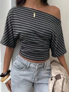Aloruh Asymmetrical Shoulder Loose Top With Ruched Waist, Minimalist Basic T-Shirt - Black - View 4