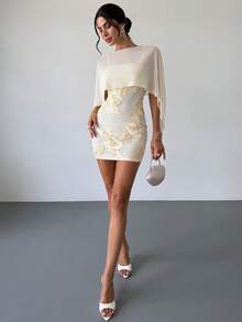Firerie Women's Elegant Romantic Exquisite Evening Party Date Mini Dress With Mesh Shawl, Spaghetti Straps, Textured Fabric, Pale Yellow, Autumn/Winter - Pale Yellow - View 7
