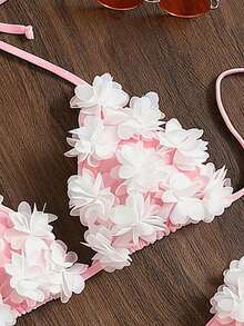 Swim Mod Vacation Beach 3D Floral Decor Two-Piece Swimsuit Set - Pink - View 4