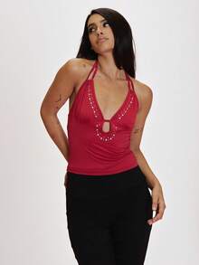 MUSERA Red Slinky Embellished Double Strap Halterneck Top Summer Holiday Ibiza Festival Black Lotus - Red - View 5