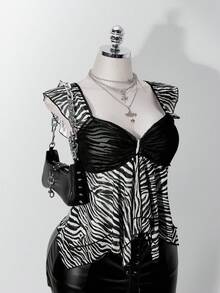 SHEIN ICON 女款大尺碼斑馬紋不對稱下擺荷葉袖上衣 - 彩色 - 查看 1