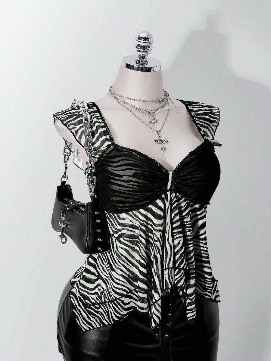 SHEIN ICON 女款大尺碼斑馬紋不對稱下擺荷葉袖上衣 - 彩色 - 查看 1