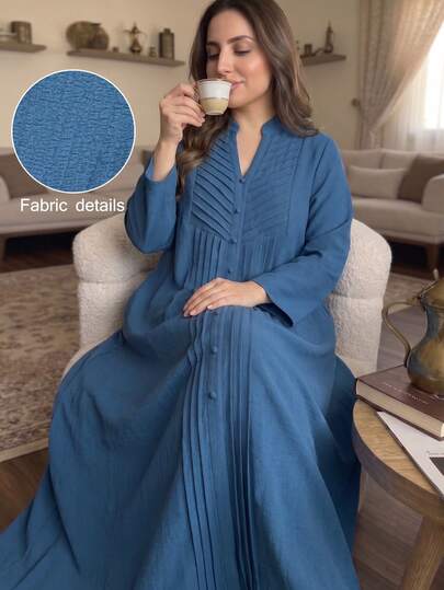 Al Najma Plus Size Women's Light Blue Puff Crepe Pullover Dress With Front Center Stripe Design, Small Stand Collar, V-Neck, Loose Fit, Arabic Style, Suitable For Spring And Autumn Casual Wear