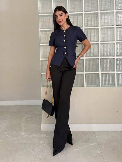 Yohana Edit Casual Style Shirt, Round Neck Shirt, Short Sleeve Shirt, Button Front Shirt, Waist Cinched Shirt, Summer,Summer Top