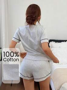 Napfluff Women's Knit Round Neck Short Sleeve Trim Shorts Pajama Set Lounge Light Grey Summer Casual Cute - Light Grey - View 3