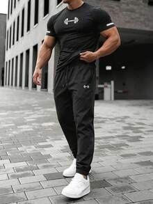 Gym Rark 男士槓鈴印花短袖上衣與抽繩腰長褲休閒日常運動套裝，健身房適用 - 黑色 - 查看 7