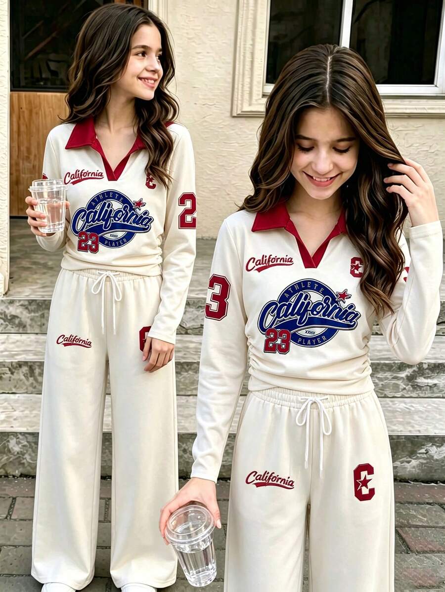 SHEIN Explorewe 青少年女孩字母印花長袖T恤與抽繩腰長褲休閒套裝 - 杏色 - 查看 1