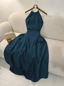 Selianne Damen-Kleid in Kaffeebraun, einfarbig, mit Neckholder, Cut-out-Schultern, geraffter Taille, Seitennähten, rückenfrei und Bindeband, mittellang, elegant, französischer Vintage-Stil, formell, für Büro, Pendeln, Business Casual, Strand, Urlaub, Nachmittagstee - Taubenblau - Übersicht 3