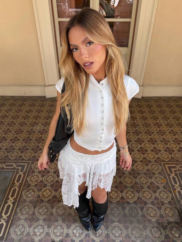 BiaLiraa Women's Spring/Summer Streetwear Vintage Boho Beach Y2K Lace Comfortable Stretchy White Mini Asymmetrical Ruffle Skirts Skort