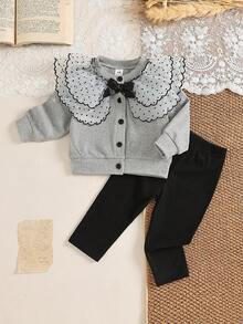 SHEIN 2件組女嬰外套＋長褲套裝，甜美灰黑波點彼得潘領結飾蕾絲長袖圓領針織開襟衫，秋季派對服飾，羅紋設計 - 灰色 - 查看 4