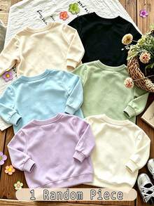 SHEIN 1pc Random, Girls Back To School Cartoon Crew Neck Sweatshirt, Pencil Print, Rainbow Apple Pencil Print, Cute Pencil School Bus Bow Print, Loose Drop Shoulder Soft Long Sleeve Pullover, Children's Autumn Winter Daily Versatile Casual Lively Top, School Style Top, Spring Summer Autumn Winter, All Season Spring Autumn Winter, Four Seasons Style - Multicolor - View 2