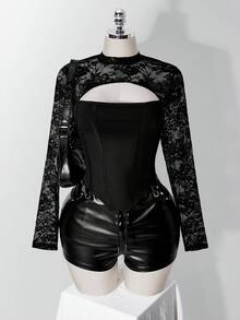 SHEIN ICON 女款大尺碼復古性感千禧風Y2K都市現代前衛大膽時尚個性蕾絲拼接鏤空黑色T恤 - 黑色 - 查看 1