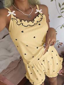 Tulorae Women's Ribbed Velvet Camisole & Shorts Pajama Set With Ruffle Trim, Small Bow And Romantic Heart Design - Yellow - View 5