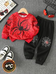SHEIN 兒童小男孩秋季新品休閒日常穿著蜘蛛印花圓領長袖套頭衛衣與鬆緊腰長褲兩件套 - 彩色 - 查看 9