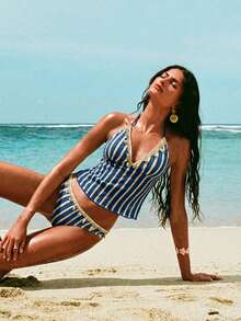 Swim Chiccia Women's Summer Beach Vacation Striped Shell Decor Halter Tankini Set - Navy Blue - View 10