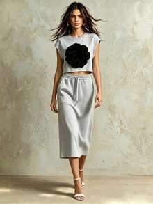 Franclia 女士夏季短袖宽松3D印花白色上衣和白色直筒长裙简约通勤休闲两件套 - 灰色 - 查看 1