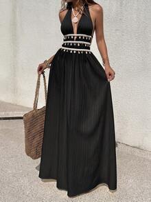 SHEIN PETITE Damen Petite Sommerkleid in Schwarz und Creme, lang, strukturierter Stoff, Seestern-Muschel-Quasten-Band-Dekor, tiefer V-Ausschnitt, Neckholder mit Bindung, A-Linie, Urlaub, Strand, Boho - Schwarz - Übersicht 6