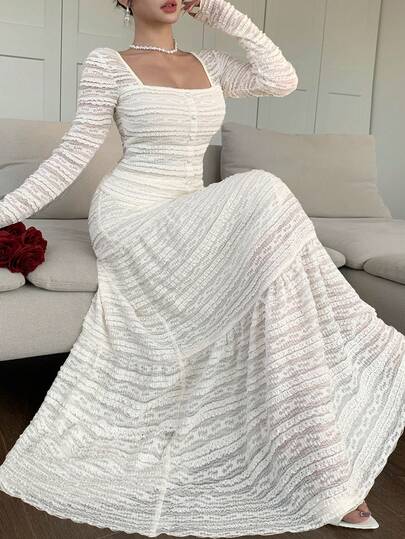 DAZY Autumn New Elegant Square Neck Long Sleeve Cinched Waist Lace Fabric Slim Fit White Women's Mid-Length Dress