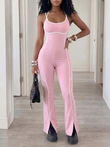 BamGleam Jumpsuit Wanita Model Colorblock dengan Leher Halter dan Kaki Mengembang - MultiWarna - View 4
