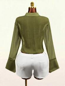 Mistrie Women's Cowl Neck Chiffon Sheer Blouse Night Out Going Out Date Night Olive Green Summer Sexy - Green - View 2