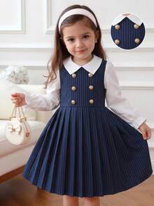 SHEIN Elladie kids 女童海軍藍垂直條紋 2 合 1 翻領雙排扣白色長袖公主裙，經典彼得潘領，7 歲生日秋季款 - 藏蓝色 - 查看 2