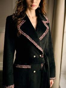 MOTF PREMIUM WOMEN CONTRAST TAPE TRIM LAPEL COLLAR DOUBLE BREASTED PLACKET BELTED COAT - Black - View 3
