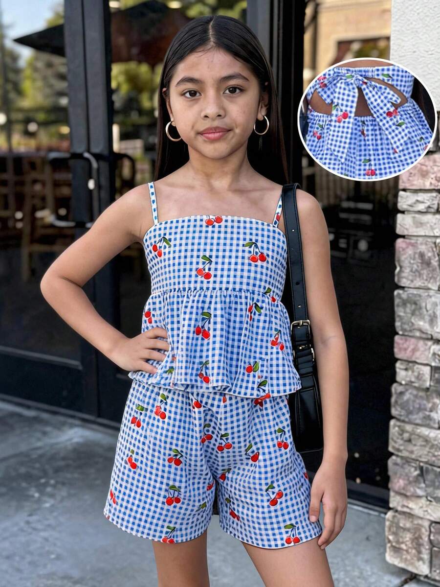 Firerie Kids Firerie Kids Set de 2 piezas para niña preadolescente con top camisole con volantes y pantalones cortos con estampado de cereza a cuadros - Azul - Ver 1