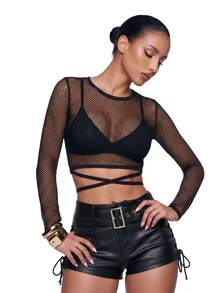 SHEIN ICON Top Corto Transparente De Malla De Red De Pesca Sin Sujetador Estilo Y2k - Negro - Ver 8