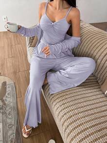 DAZY 3pcs Solid Color Knit Twist Design Camisole Cardigan & Pants Women Pajama Set - Mauve Purple - View 3