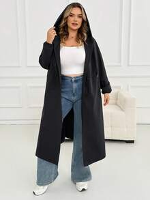 SHEIN CURVE+ Zipper Hooded Cinched Waist Plus Size Long Sleeve Jacket, Autumn Winter Outerwear, 2026 22W Hiking Rodeo Normal - Black - View 5