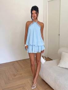 Aloruh 女款優雅淡黃色掛脖領繫帶迷你洋裝，適合約會與度假 - 藍色 - 查看 4