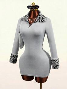 Mistrie Women's Grey Leopard Print Plush Patchwork Ribbed Long Sleeve Short Dress Club Night Out Autumn Sexy - Grey - View 6