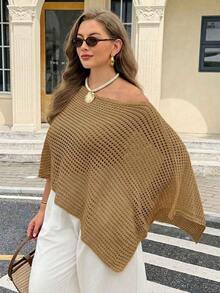 Easura 女款春夏秋休閒不對稱鏤空露肩寬鬆顯瘦大尺碼長袖套頭針織上衣 正式卡其色 - 棕色 - 查看 7